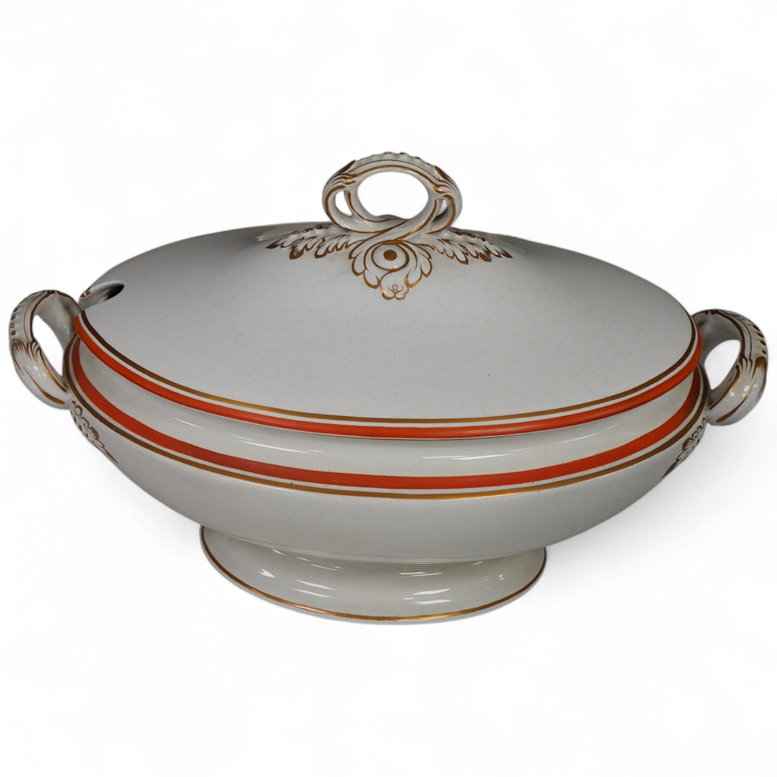 A 19th century tureen, ceramic jelly moulds and a set of glass rinsers, largest 39cm wide